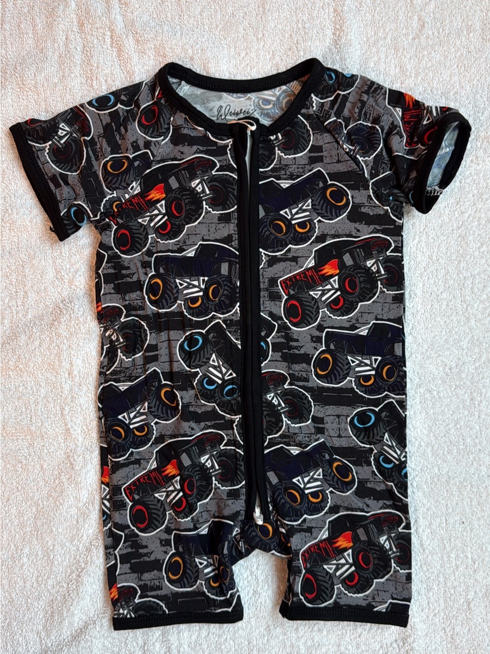 BAMBOO Black Gray Monster Truck Short Sleeve Zipper Bodysuit